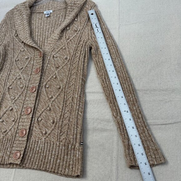 Izod Heather Tan Textured Geometric Print Knit Cardigan Sweater Shawl Collar M - Picture 11 of 13